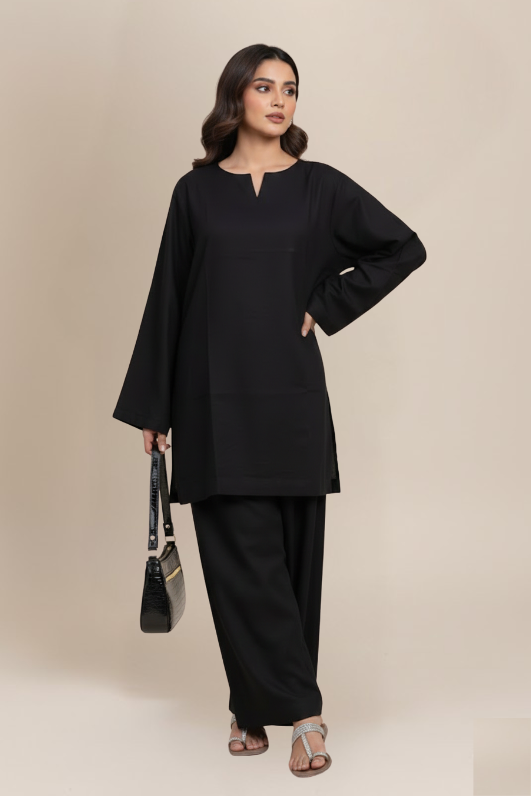 BLACK KAMEEZ & FARSHI SHALWAR CO-ORD SET
