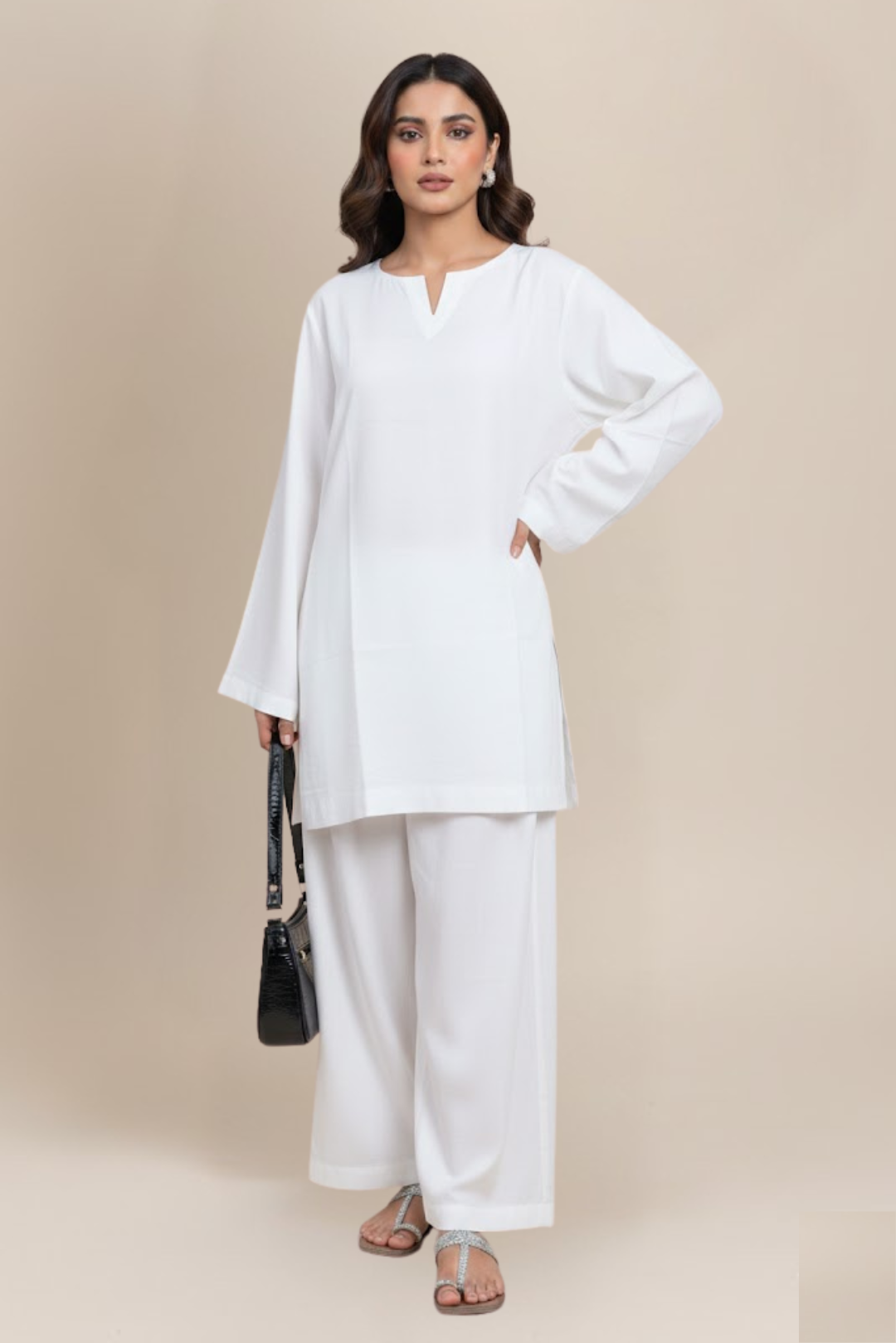 WHITE KAMEEZ & FARSHI SHALWAR CO-ORD SET