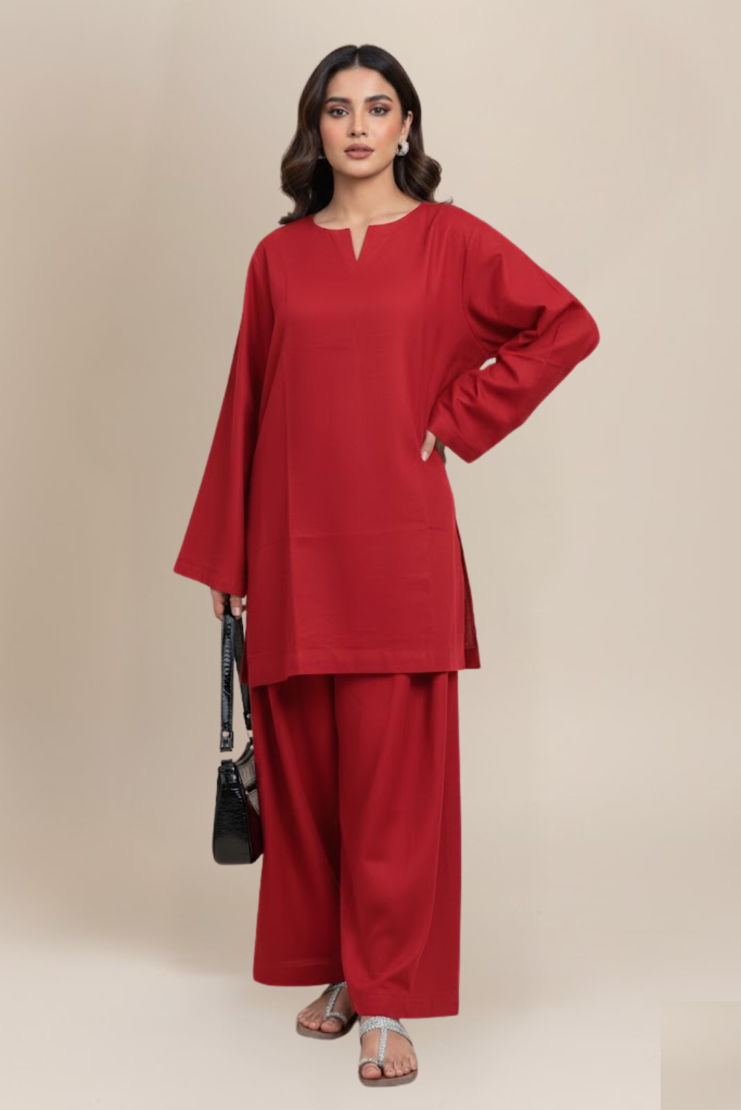 CHERRY RED KAMEEZ & FARSHI SHALWAR CO-ORD SET