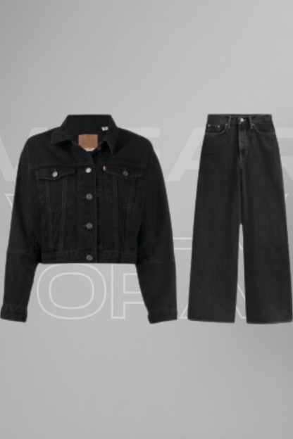 Black  Denim Jacket & Wide-Leg Jeans Set