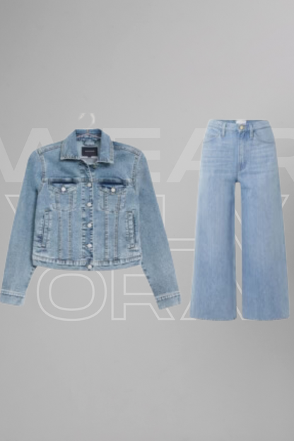 Ice Blue Denim Jacket & Wide-Leg Jeans Set