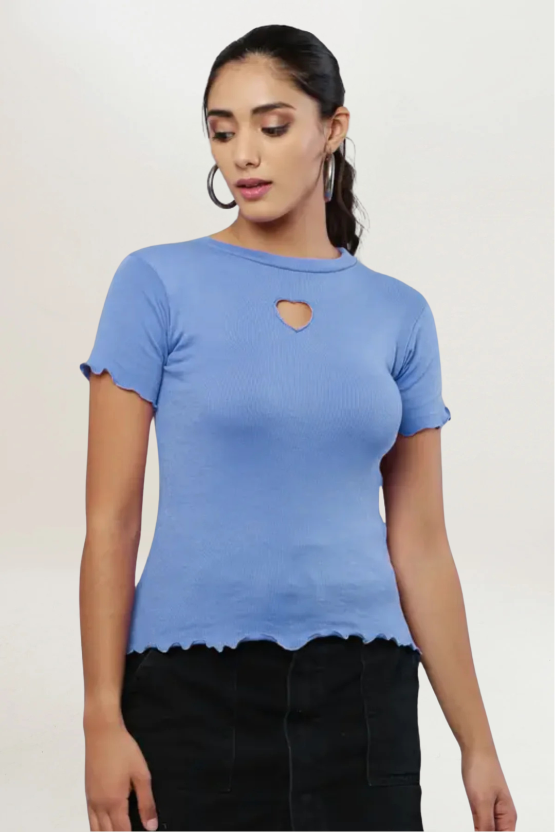 Petrol Blue Rib Knit Heart Cut-Out Top