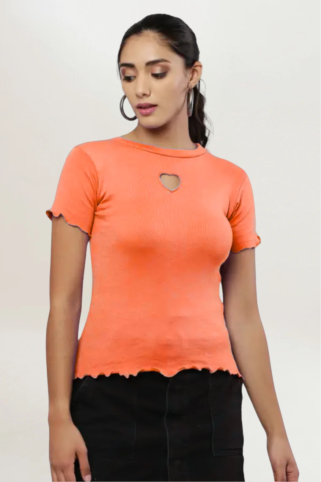 Peach Rib Knit Heart Cut-Out Top