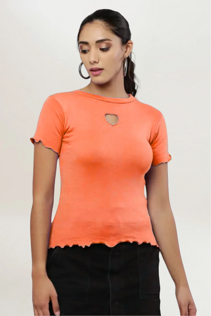 Peach Rib Knit Heart Cut-Out Top