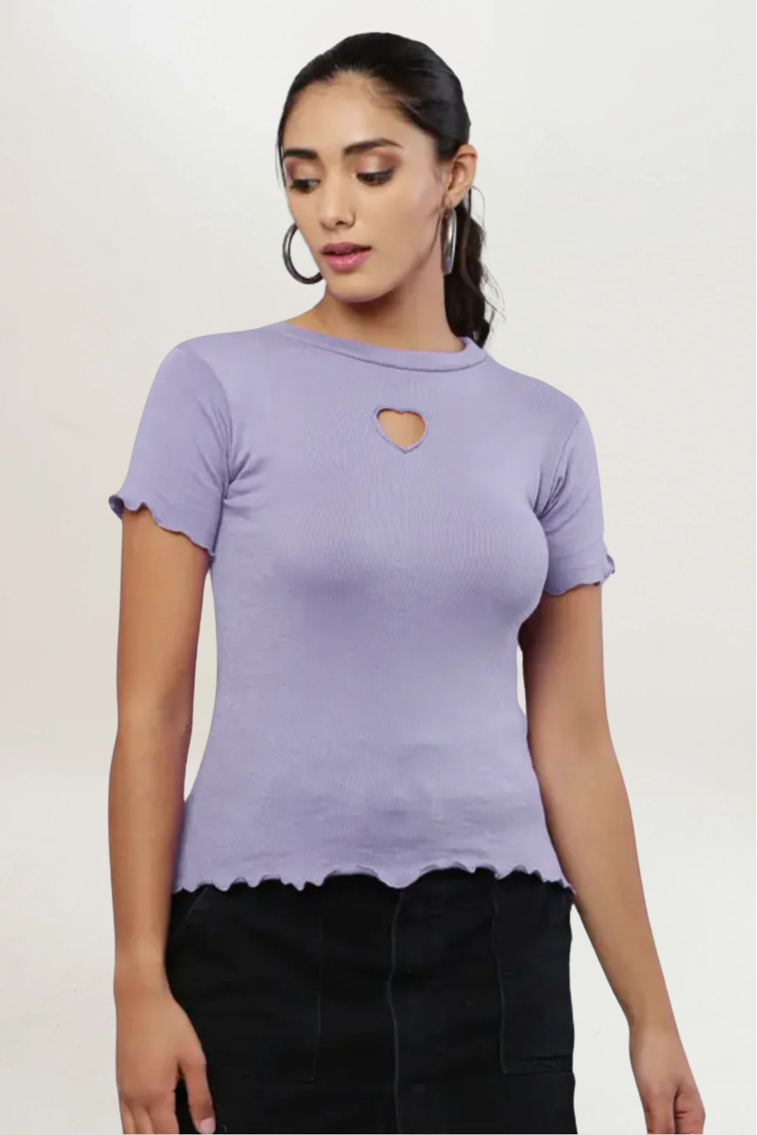 Lavender Rib Knit Heart Cut-Out Top