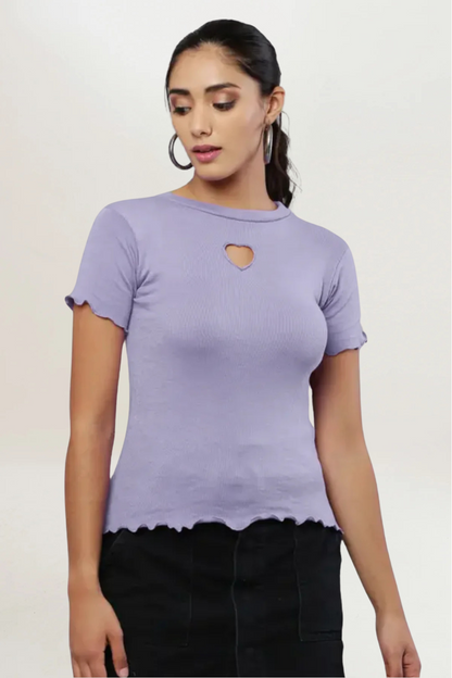 Lavender Rib Knit Heart Cut-Out Top