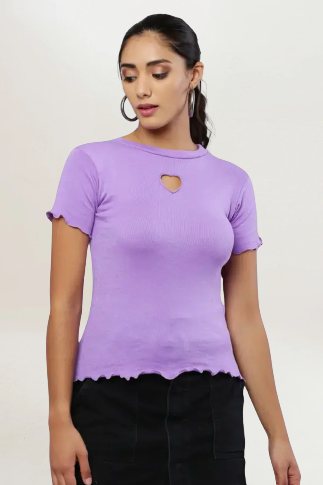 Lilac Rib Knit Heart Cut-Out Top