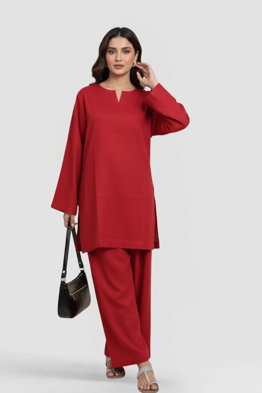 CHERRY RED KAMEEZ & FARSHI SHALWAR CO-ORD SET