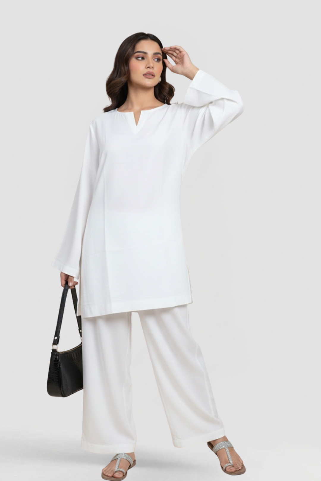 WHITE KAMEEZ & FARSHI SHALWAR CO-ORD SET