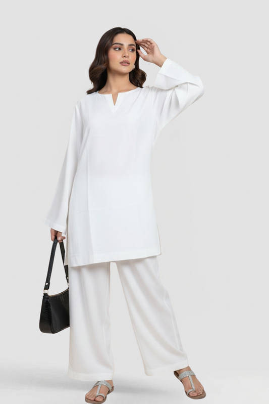 WHITE KAMEEZ & FARSHI SHALWAR CO-ORD SET